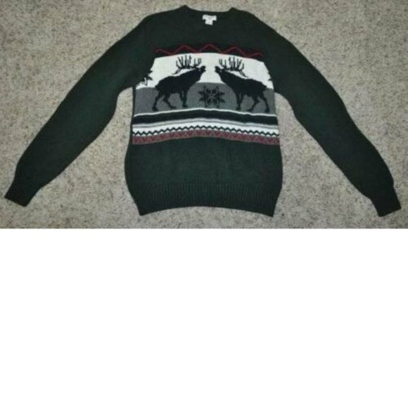Mens Sweater Dockers Green Moose Small Crewneck Long Sleeve Winter Holiday - Picture 2 of 5